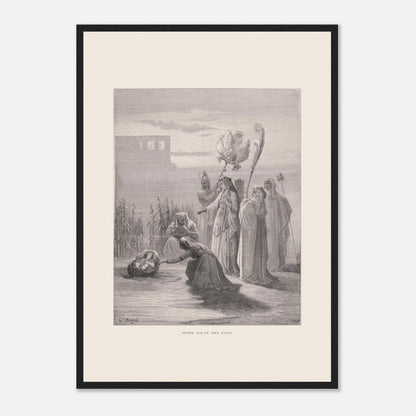 Moïse sauvé des eaux, illustration ancienne de Gustave Doré (42x59,4 cm (A2) / Cadre noir). Estampe de Gustave Doré représentant Moïse sauvé des eaux, avec des femmes trouvant un bébé dans un panier au bord du Nil, près de structures architecturales.