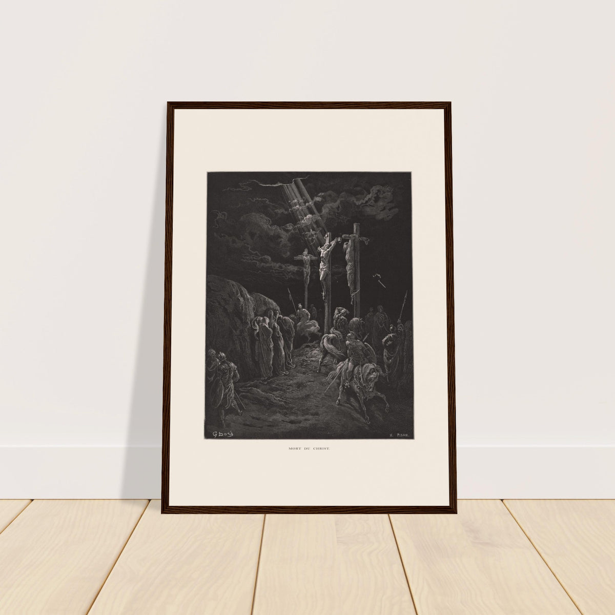Antiker Stich Der Tod Christi von Gustave Doré. Stich von Gustave Doré, der die Kreuzigung Jesu und der beiden Schächer darstellt, mit Soldaten und Jüngern am Boden.