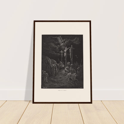 Antiker Stich Der Tod Christi von Gustave Doré. Stich von Gustave Doré, der die Kreuzigung Jesu und der beiden Schächer darstellt, mit Soldaten und Jüngern am Boden.