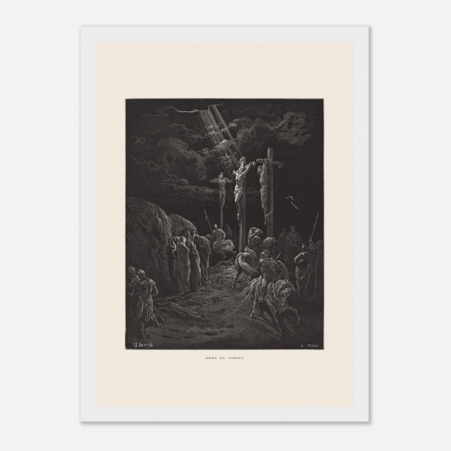 Gravure ancienne La Mort du Christ par Gustave Doré (21x29,7 cm (A4) / Cadre blanc). Gravure de Gustave Doré représentant la crucifixion de Jésus et des deux larrons, avec des soldats et des disciples au sol.