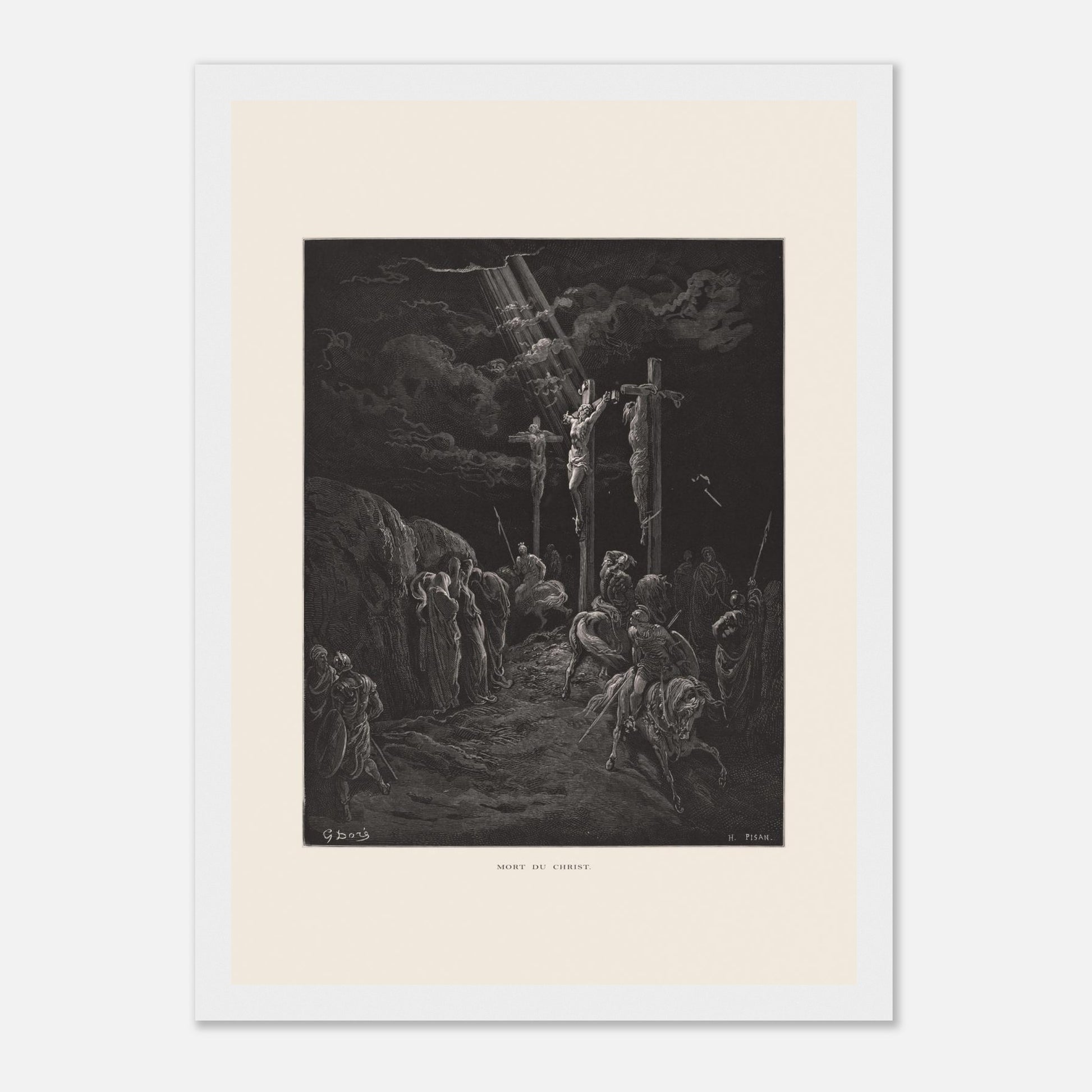 Gravure ancienne La Mort du Christ par Gustave Doré (21x29,7 cm (A4) / Cadre blanc). Gravure de Gustave Doré représentant la crucifixion de Jésus et des deux larrons, avec des soldats et des disciples au sol.