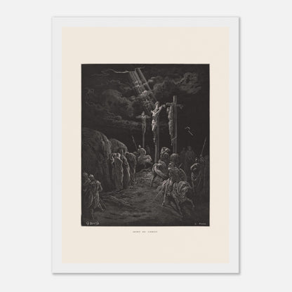 Gravure ancienne La Mort du Christ par Gustave Doré (21x29,7 cm (A4) / Cadre blanc). Gravure de Gustave Doré représentant la crucifixion de Jésus et des deux larrons, avec des soldats et des disciples au sol.