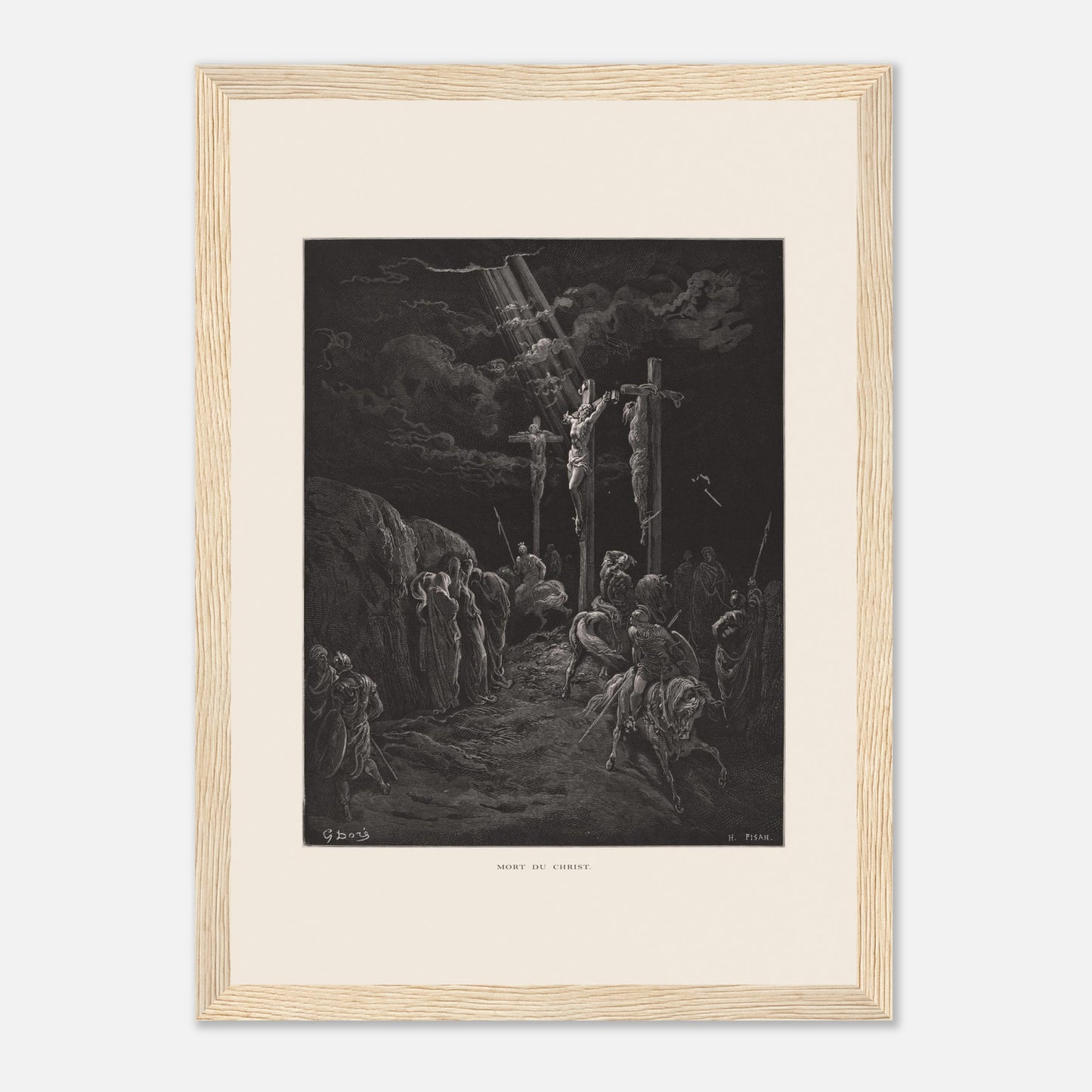 Gravure ancienne La Mort du Christ par Gustave Doré (21x29,7 cm (A4) / Cadre bois clair). Gravure de Gustave Doré représentant la crucifixion de Jésus et des deux larrons, avec des soldats et des disciples au sol.