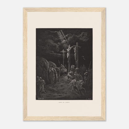Gravure ancienne La Mort du Christ par Gustave Doré (21x29,7 cm (A4) / Cadre bois clair). Gravure de Gustave Doré représentant la crucifixion de Jésus et des deux larrons, avec des soldats et des disciples au sol.