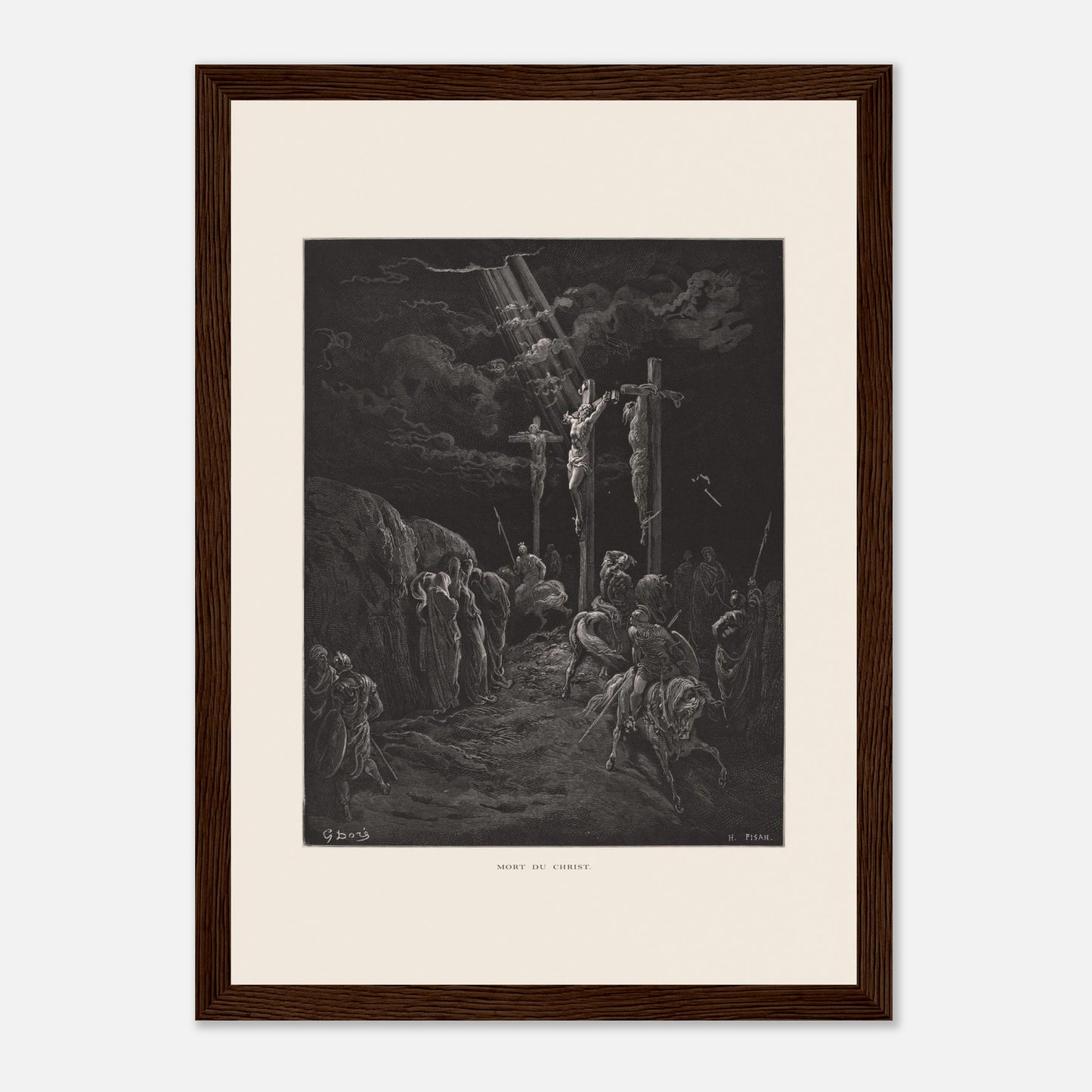 Gravure ancienne La Mort du Christ par Gustave Doré (21x29,7 cm (A4) / Cadre bois foncé). Gravure de Gustave Doré représentant la crucifixion de Jésus et des deux larrons, avec des soldats et des disciples au sol.