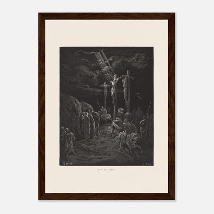 Gravure ancienne La Mort du Christ par Gustave Doré (21x29,7 cm (A4) / Cadre bois foncé). Gravure de Gustave Doré représentant la crucifixion de Jésus et des deux larrons, avec des soldats et des disciples au sol.