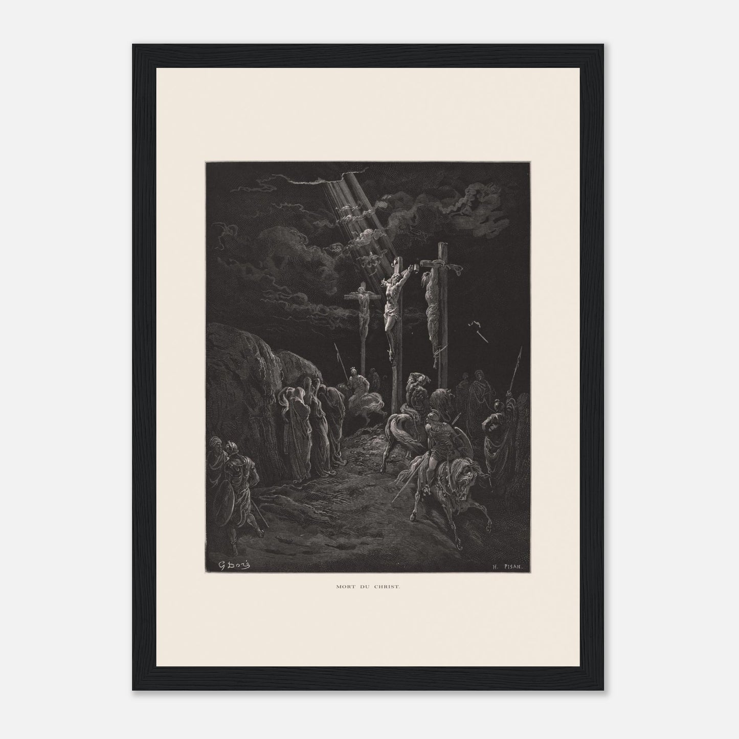 Gravure ancienne La Mort du Christ par Gustave Doré (21x29,7 cm (A4) / Cadre noir). Gravure de Gustave Doré représentant la crucifixion de Jésus et des deux larrons, avec des soldats et des disciples au sol.