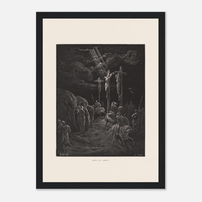 Gravure ancienne La Mort du Christ par Gustave Doré (21x29,7 cm (A4) / Cadre noir). Gravure de Gustave Doré représentant la crucifixion de Jésus et des deux larrons, avec des soldats et des disciples au sol.