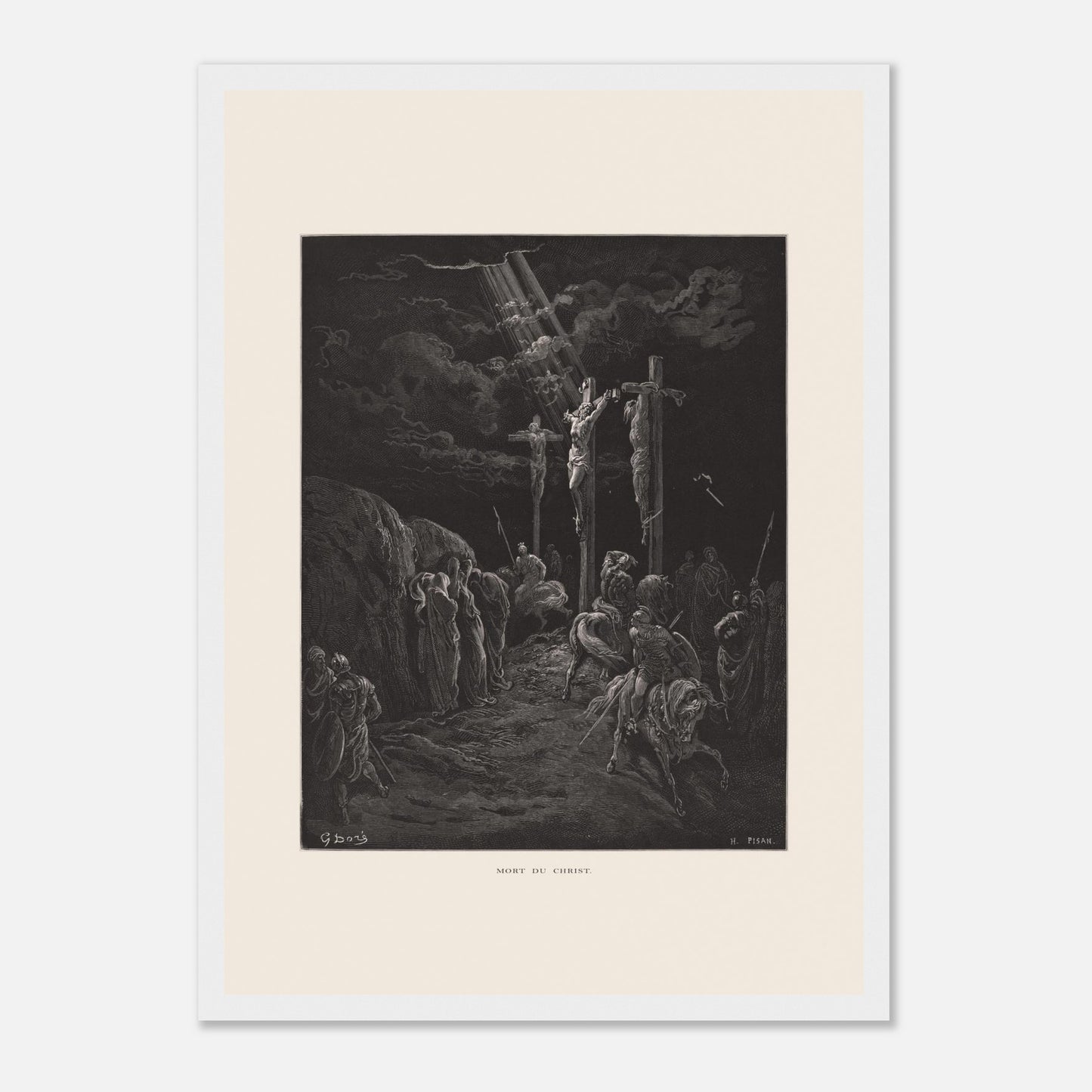 Gravure ancienne La Mort du Christ par Gustave Doré (29,7x42 cm (A3) / Cadre blanc). Gravure de Gustave Doré représentant la crucifixion de Jésus et des deux larrons, avec des soldats et des disciples au sol.