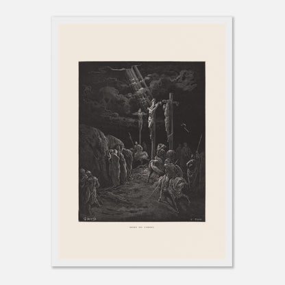 Gravure ancienne La Mort du Christ par Gustave Doré (29,7x42 cm (A3) / Cadre blanc). Gravure de Gustave Doré représentant la crucifixion de Jésus et des deux larrons, avec des soldats et des disciples au sol.
