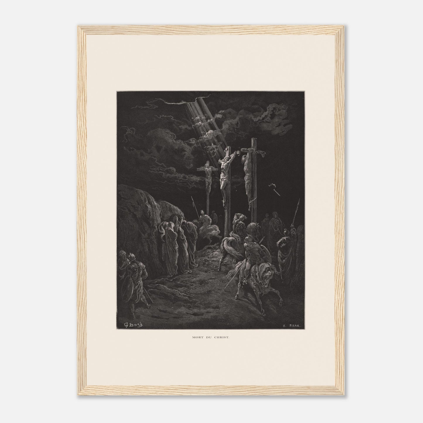 Gravure ancienne La Mort du Christ par Gustave Doré (29,7x42 cm (A3) / Cadre bois clair). Gravure de Gustave Doré représentant la crucifixion de Jésus et des deux larrons, avec des soldats et des disciples au sol.