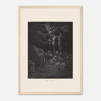 Gravure ancienne La Mort du Christ par Gustave Doré (29,7x42 cm (A3) / Cadre bois clair). Gravure de Gustave Doré représentant la crucifixion de Jésus et des deux larrons, avec des soldats et des disciples au sol.
