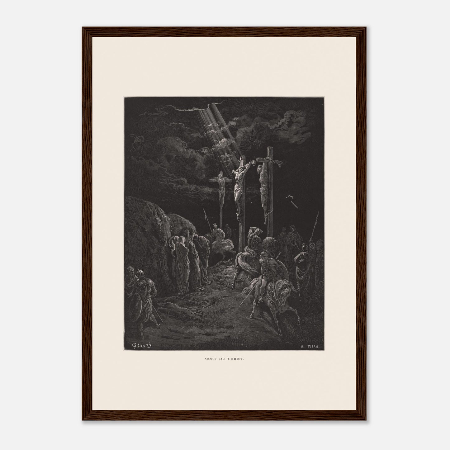 Gravure ancienne La Mort du Christ par Gustave Doré (29,7x42 cm (A3) / Cadre bois foncé). Gravure de Gustave Doré représentant la crucifixion de Jésus et des deux larrons, avec des soldats et des disciples au sol.