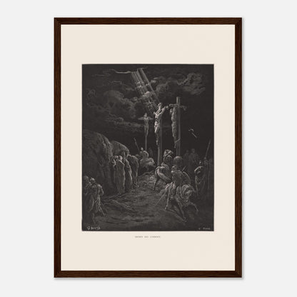 Gravure ancienne La Mort du Christ par Gustave Doré (29,7x42 cm (A3) / Cadre bois foncé). Gravure de Gustave Doré représentant la crucifixion de Jésus et des deux larrons, avec des soldats et des disciples au sol.