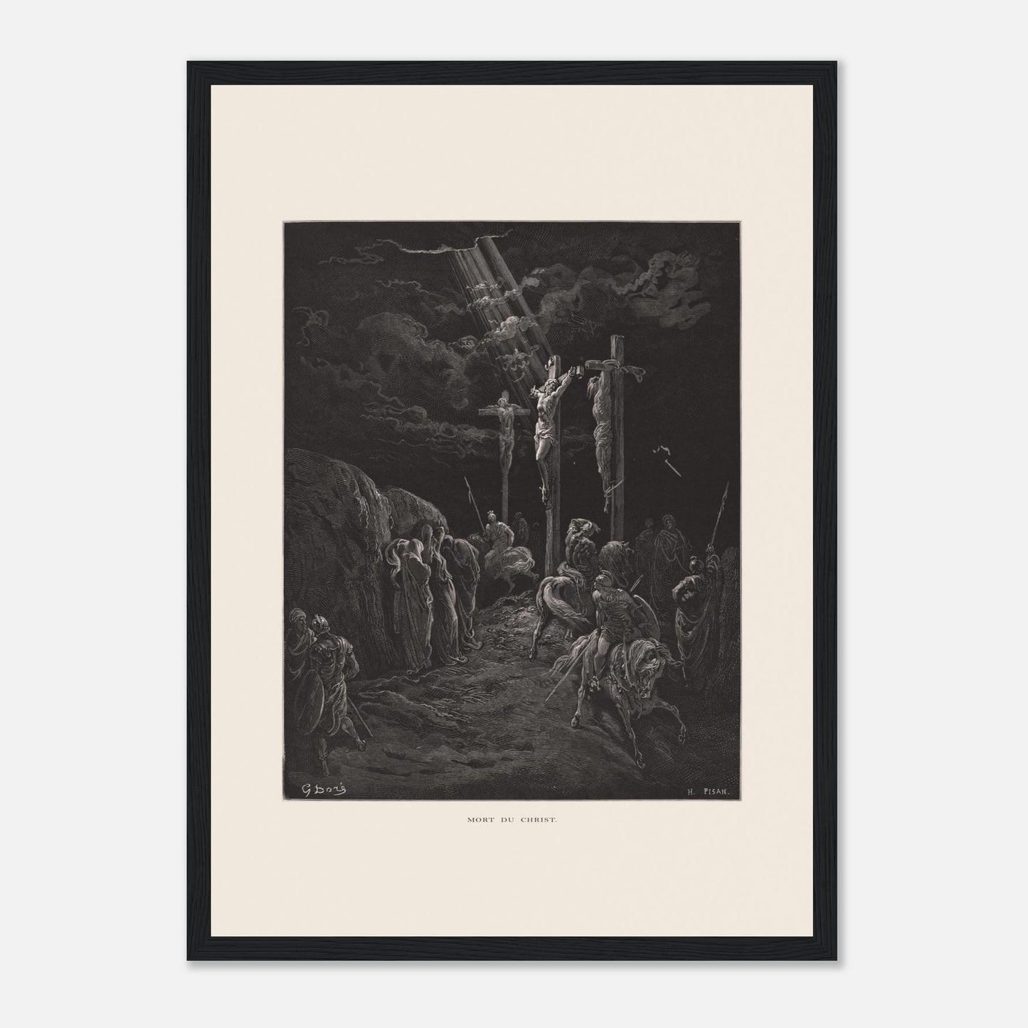 Gravure ancienne La Mort du Christ par Gustave Doré (29,7x42 cm (A3) / Cadre noir). Gravure de Gustave Doré représentant la crucifixion de Jésus et des deux larrons, avec des soldats et des disciples au sol.