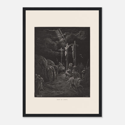 Gravure ancienne La Mort du Christ par Gustave Doré (29,7x42 cm (A3) / Cadre noir). Gravure de Gustave Doré représentant la crucifixion de Jésus et des deux larrons, avec des soldats et des disciples au sol.