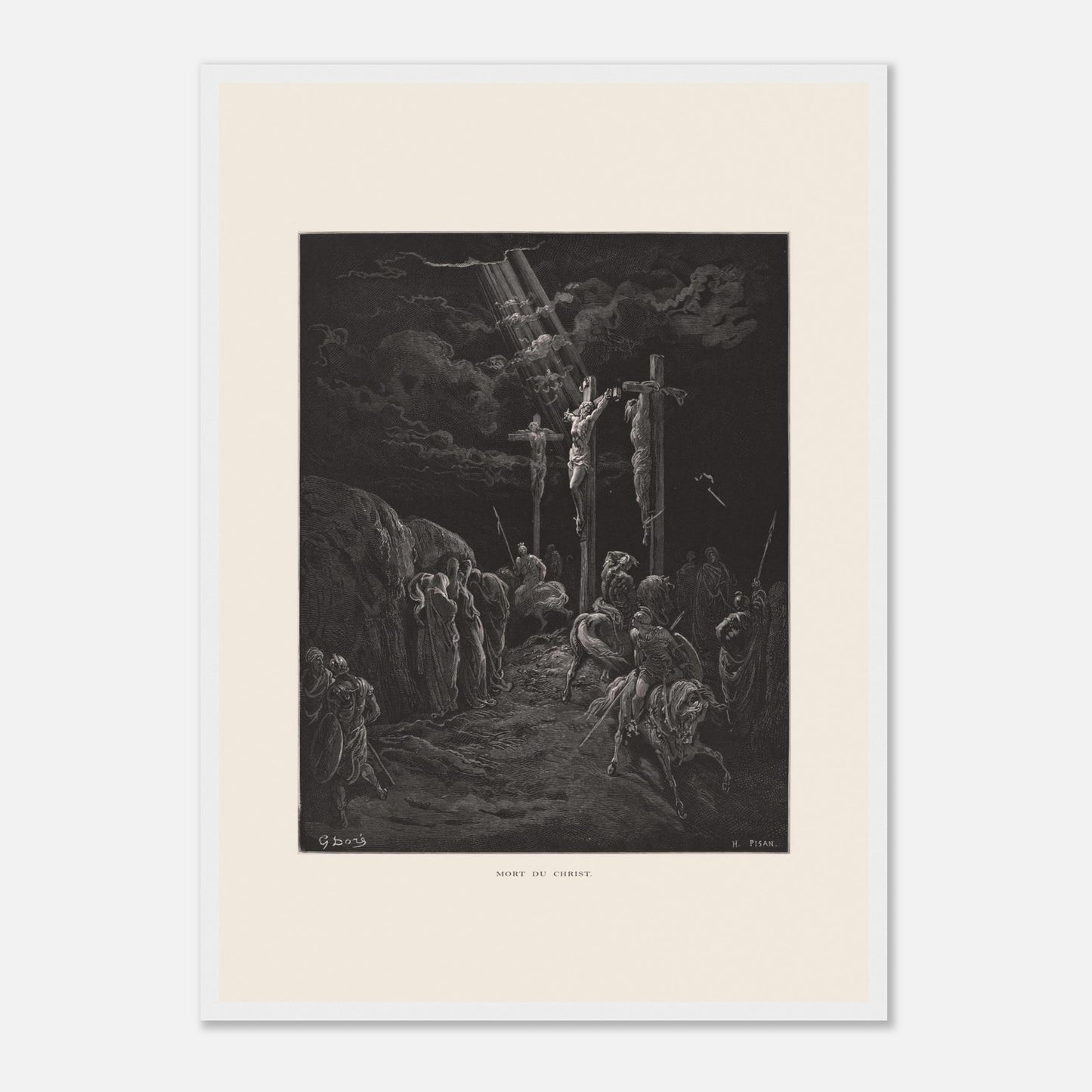 Gravure ancienne La Mort du Christ par Gustave Doré (42x59,4 cm (A2) / Cadre blanc). Gravure de Gustave Doré représentant la crucifixion de Jésus et des deux larrons, avec des soldats et des disciples au sol.