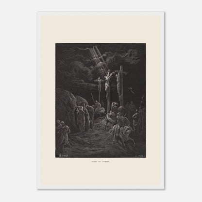 Gravure ancienne La Mort du Christ par Gustave Doré (42x59,4 cm (A2) / Cadre blanc). Gravure de Gustave Doré représentant la crucifixion de Jésus et des deux larrons, avec des soldats et des disciples au sol.