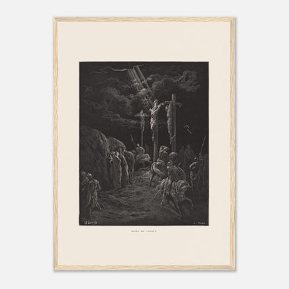 Gravure ancienne La Mort du Christ par Gustave Doré (42x59,4 cm (A2) / Cadre bois clair). Gravure de Gustave Doré représentant la crucifixion de Jésus et des deux larrons, avec des soldats et des disciples au sol.