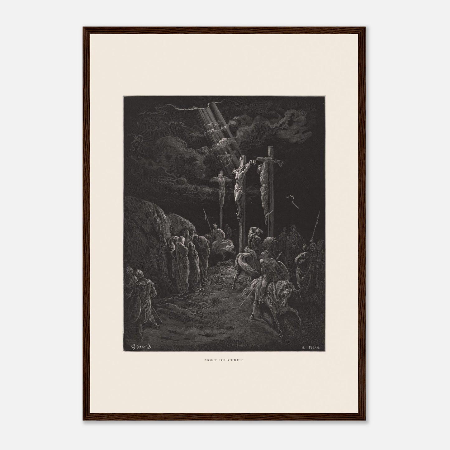 Gravure ancienne La Mort du Christ par Gustave Doré (42x59,4 cm (A2) / Cadre bois foncé). Gravure de Gustave Doré représentant la crucifixion de Jésus et des deux larrons, avec des soldats et des disciples au sol.