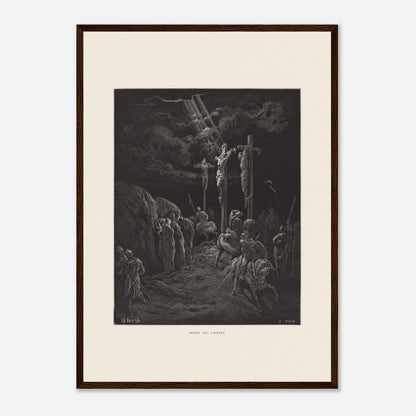 Gravure ancienne La Mort du Christ par Gustave Doré (42x59,4 cm (A2) / Cadre bois foncé). Gravure de Gustave Doré représentant la crucifixion de Jésus et des deux larrons, avec des soldats et des disciples au sol.