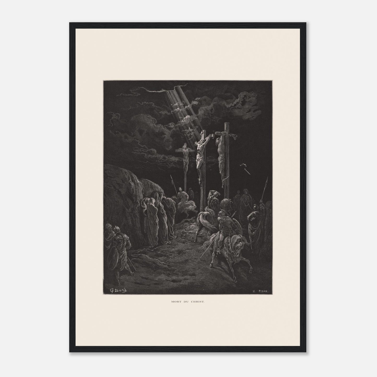 Gravure ancienne La Mort du Christ par Gustave Doré (42x59,4 cm (A2) / Cadre noir). Gravure de Gustave Doré représentant la crucifixion de Jésus et des deux larrons, avec des soldats et des disciples au sol.