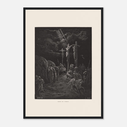 Gravure ancienne La Mort du Christ par Gustave Doré (42x59,4 cm (A2) / Cadre noir). Gravure de Gustave Doré représentant la crucifixion de Jésus et des deux larrons, avec des soldats et des disciples au sol.