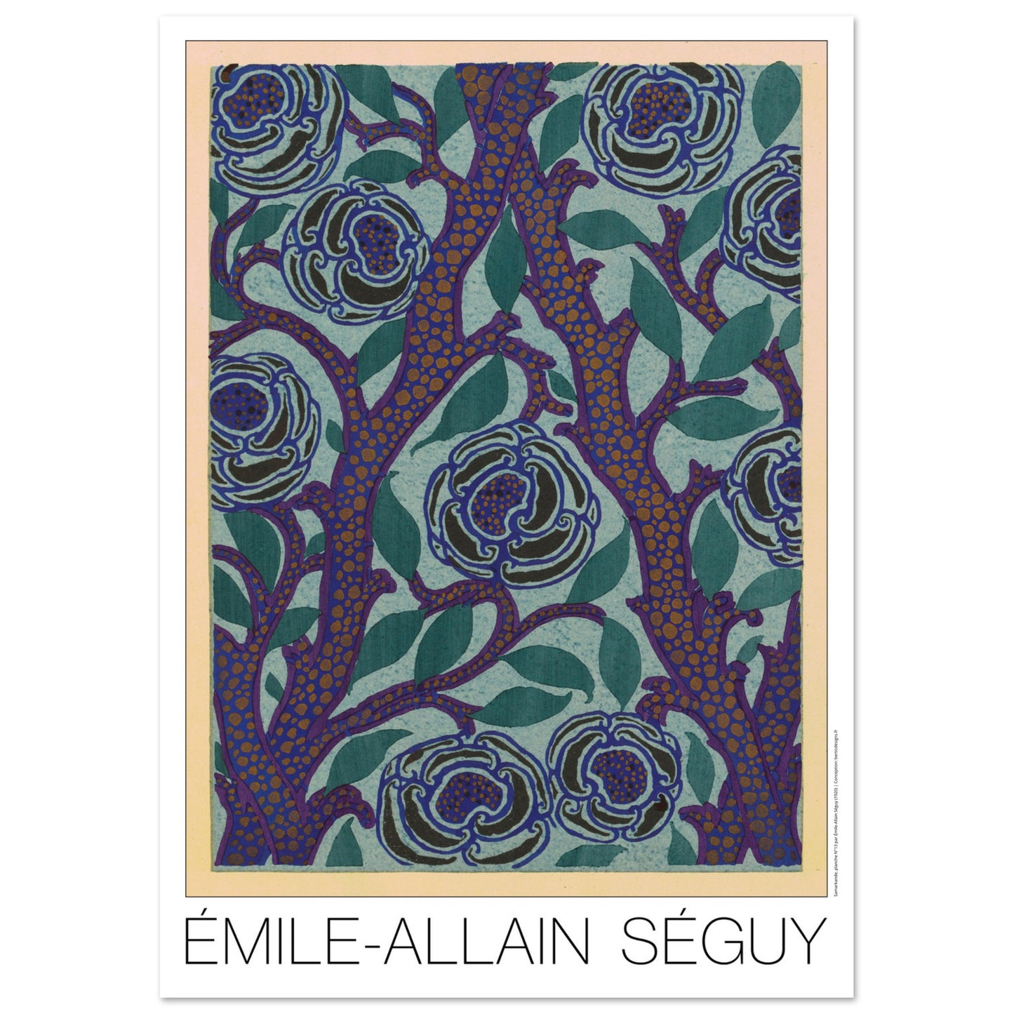 Planche de roses bleues, recueil Samarkande par Émile-Allain Séguy (29,7x42 cm (A3)). Motif Art Déco de roses bleues sur fond bleu-vert et branches violettes avec des points orangés, par Émile-Allain Séguy.