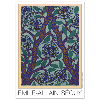 Planche de roses bleues, recueil Samarkande par Émile-Allain Séguy (29,7x42 cm (A3)). Motif Art Déco de roses bleues sur fond bleu-vert et branches violettes avec des points orangés, par Émile-Allain Séguy.