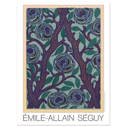 Planche de roses bleues, recueil Samarkande par Émile-Allain Séguy (30x40 cm). Motif Art Déco de roses bleues sur fond bleu-vert et branches violettes avec des points orangés, par Émile-Allain Séguy.