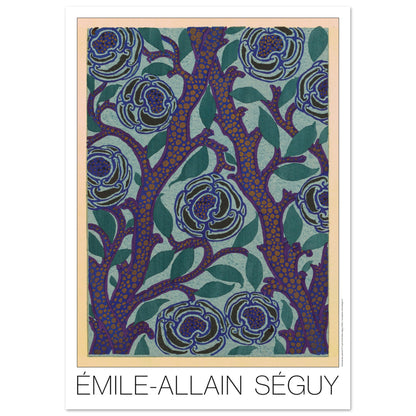 Planche de roses bleues, recueil Samarkande par Émile-Allain Séguy (42x59,4 cm (A2)). Motif Art Déco de roses bleues sur fond bleu-vert et branches violettes avec des points orangés, par Émile-Allain Séguy.