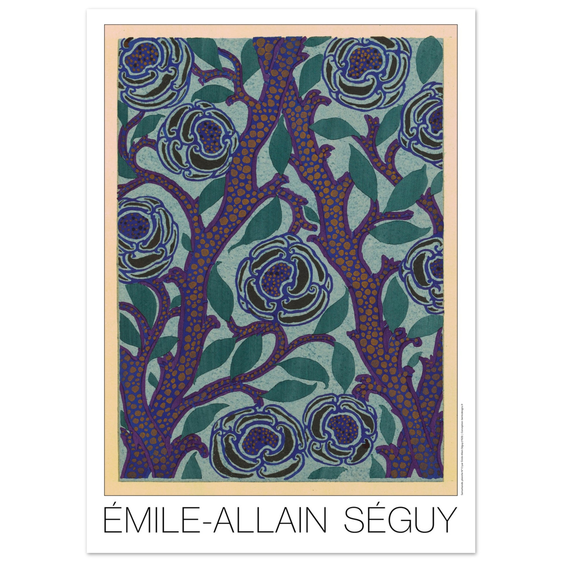 Planche de roses bleues, recueil Samarkande par Émile-Allain Séguy (50x70 cm). Motif Art Déco de roses bleues sur fond bleu-vert et branches violettes avec des points orangés, par Émile-Allain Séguy.