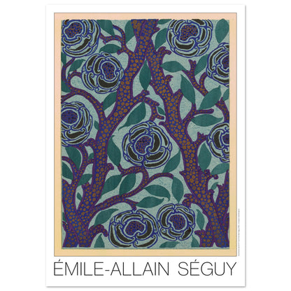 Planche de roses bleues, recueil Samarkande par Émile-Allain Séguy (59,4x84,1 cm (A1)). Motif Art Déco de roses bleues sur fond bleu-vert et branches violettes avec des points orangés, par Émile-Allain Séguy.