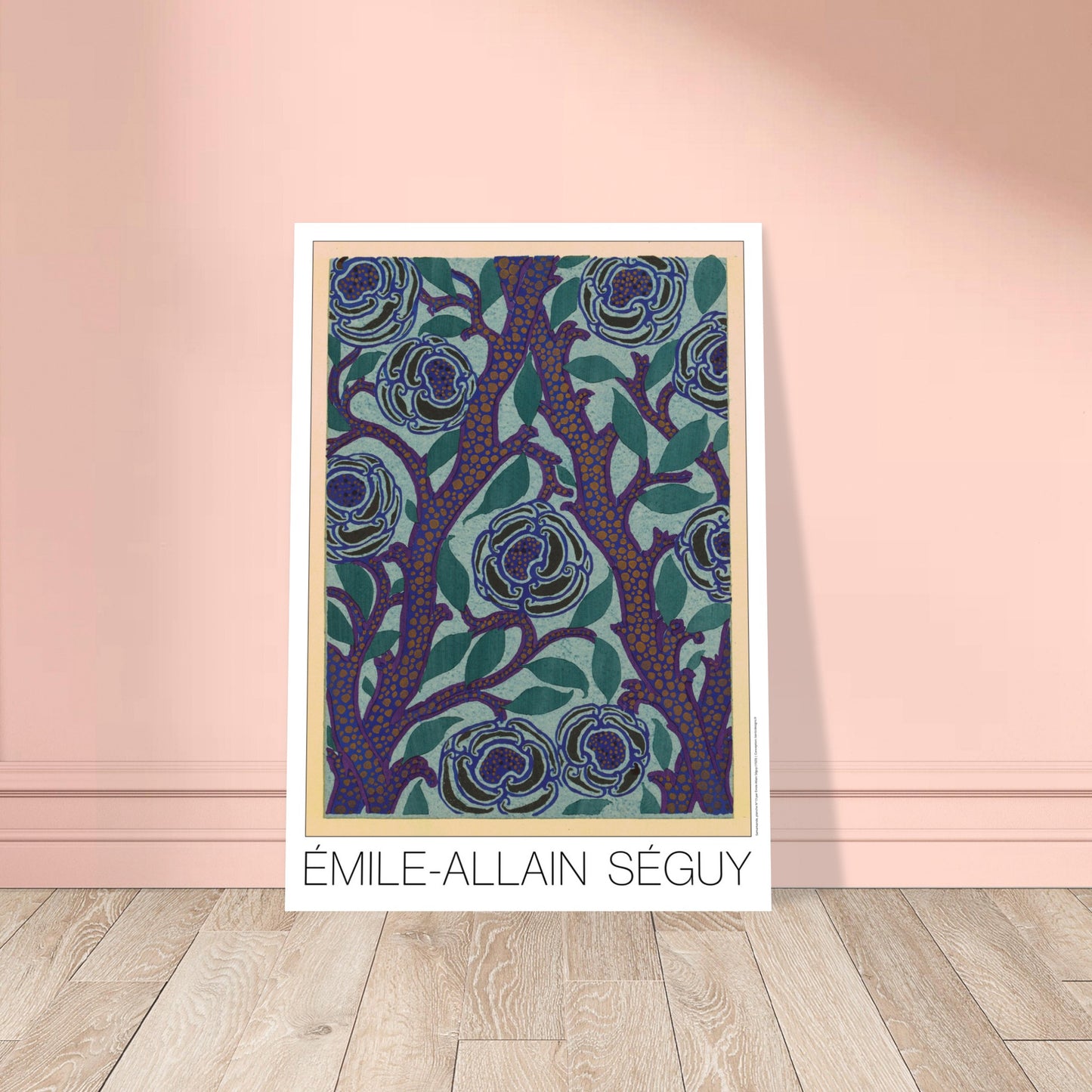 Planche de roses bleues, recueil Samarkande par Émile-Allain Séguy. Motif Art Déco de roses bleues sur fond bleu-vert et branches violettes avec des points orangés, par Émile-Allain Séguy. Image d'illustration 8