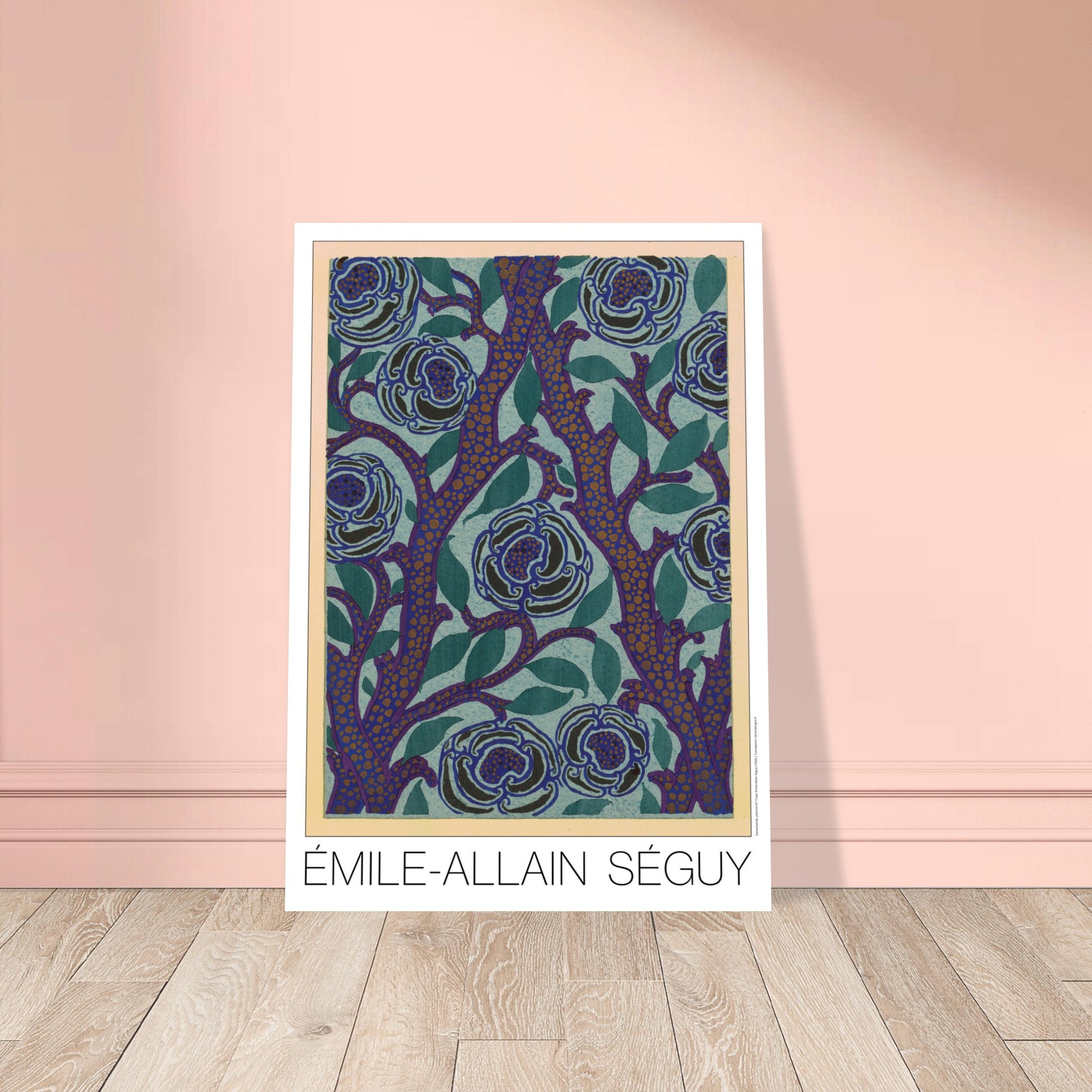 Planche de roses bleues, recueil Samarkande par Émile-Allain Séguy. Motif Art Déco de roses bleues sur fond bleu-vert et branches violettes avec des points orangés, par Émile-Allain Séguy. Image d'illustration 8
