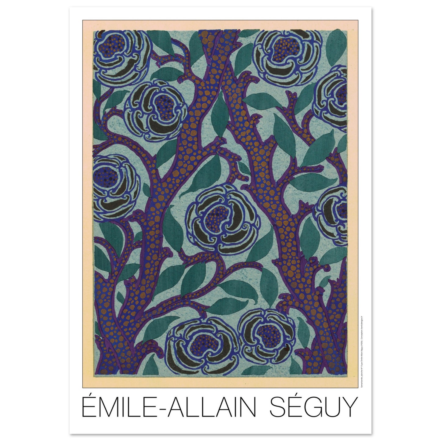 Planche de roses bleues, recueil Samarkande par Émile-Allain Séguy (84,1x118,9 cm (A0)). Motif Art Déco de roses bleues sur fond bleu-vert et branches violettes avec des points orangés, par Émile-Allain Séguy.
