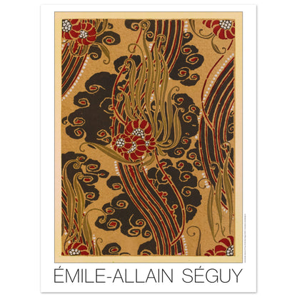 Planche Motifs dorés avec vagues - Samarkande, Émile-Allain Séguy (30x40 cm). Illustration Art Déco de motifs floraux stylisés rouges et noirs sur fond doré, avec des volutes végétales vertes, par Émile-Allain Séguy.