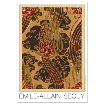 Planche Motifs dorés avec vagues - Samarkande, Émile-Allain Séguy (70x100 cm). Illustration Art Déco de motifs floraux stylisés rouges et noirs sur fond doré, avec des volutes végétales vertes, par Émile-Allain Séguy.