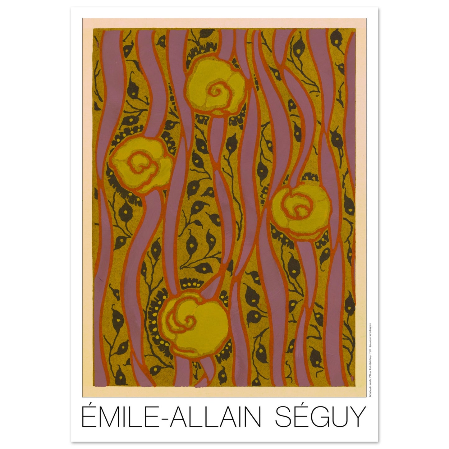 Planche Motifs jaunes sur fond rose - Samarkande, Émile-Allain Séguy (29,7x42 cm (A3)). Illustration Art Déco de motifs floraux jaunes et roses, composés de formes ondulantes et de lignes verticales, par Émile-Allain Séguy.