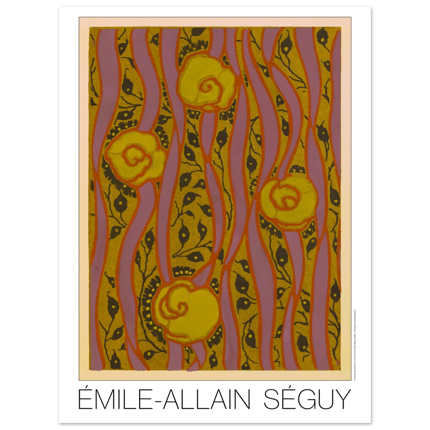 Planche Motifs jaunes sur fond rose - Samarkande, Émile-Allain Séguy (30x40 cm). Illustration Art Déco de motifs floraux jaunes et roses, composés de formes ondulantes et de lignes verticales, par Émile-Allain Séguy.