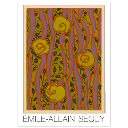 Planche Motifs jaunes sur fond rose - Samarkande, Émile-Allain Séguy (30x40 cm). Illustration Art Déco de motifs floraux jaunes et roses, composés de formes ondulantes et de lignes verticales, par Émile-Allain Séguy.