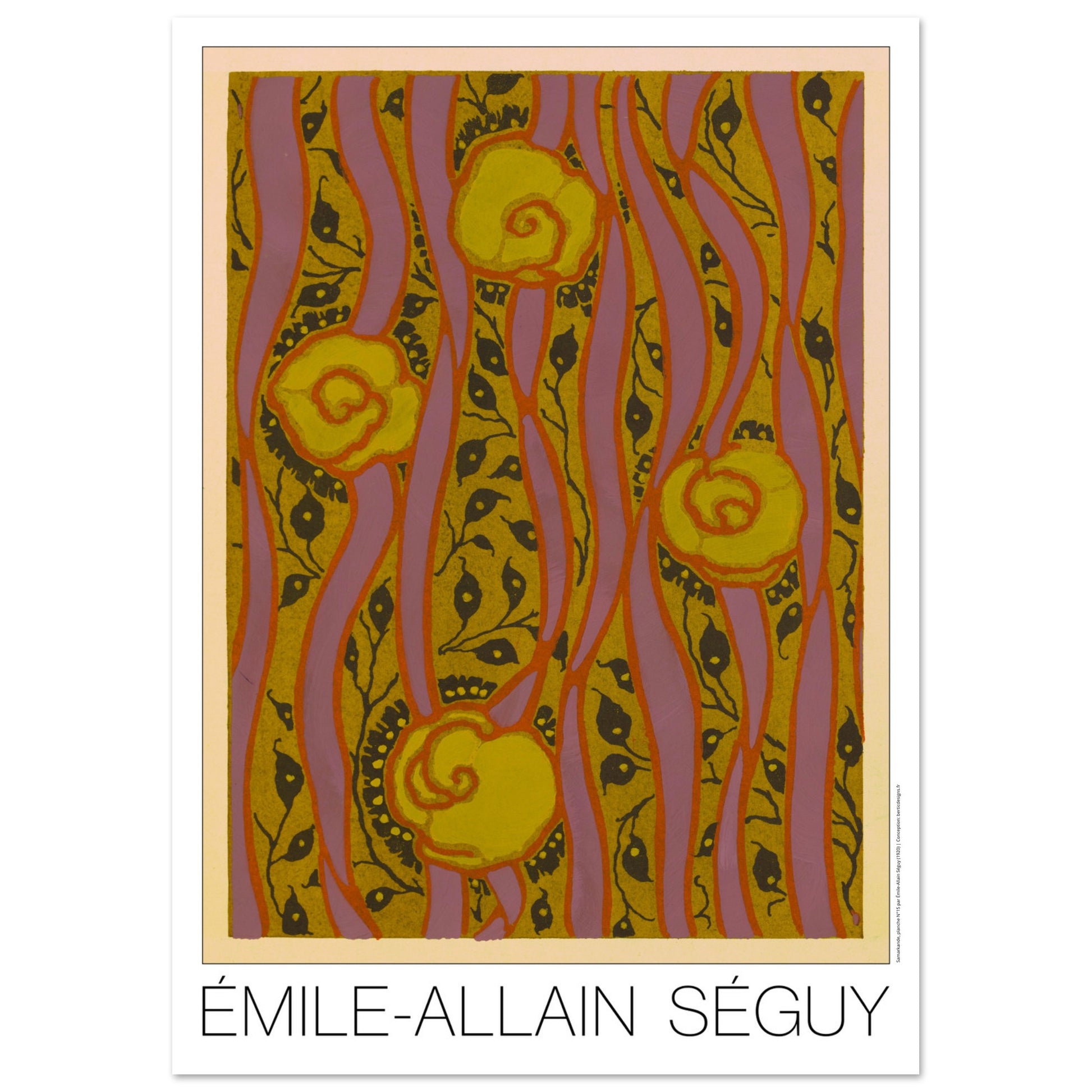 Planche Motifs jaunes sur fond rose - Samarkande, Émile-Allain Séguy (42x59,4 cm (A2)). Illustration Art Déco de motifs floraux jaunes et roses, composés de formes ondulantes et de lignes verticales, par Émile-Allain Séguy.