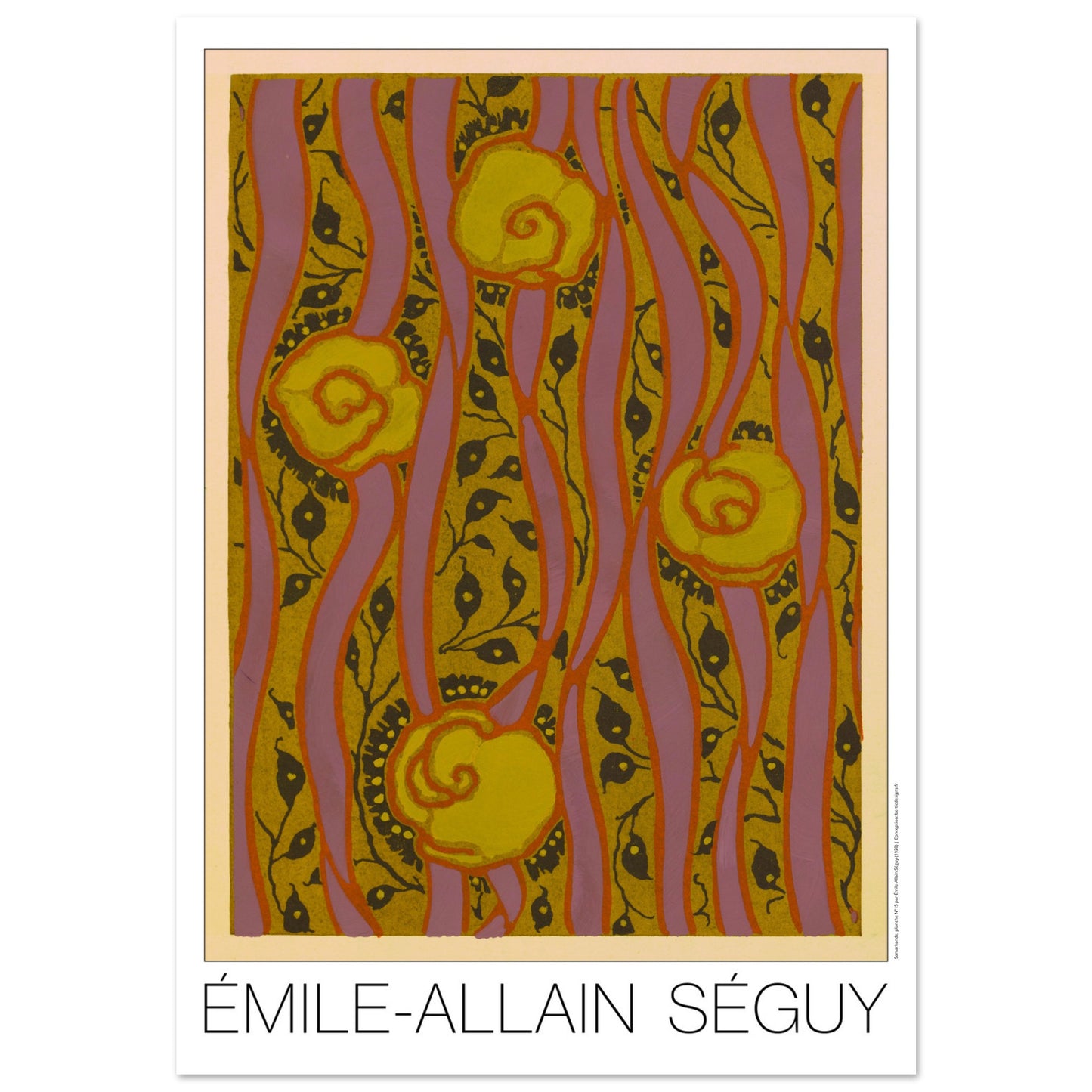 Planche Motifs jaunes sur fond rose - Samarkande, Émile-Allain Séguy (70x100 cm). Illustration Art Déco de motifs floraux jaunes et roses, composés de formes ondulantes et de lignes verticales, par Émile-Allain Séguy.