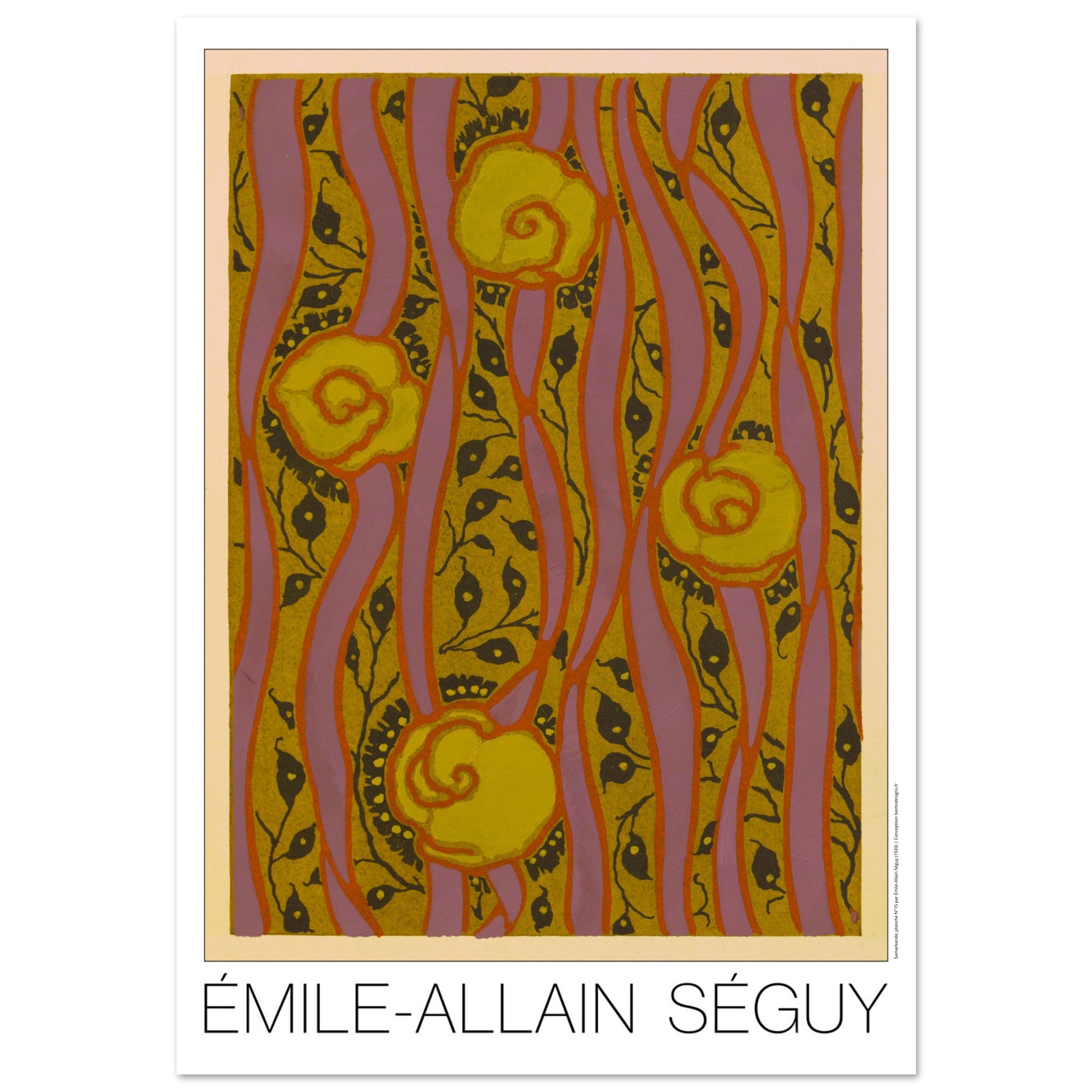 Planche Motifs jaunes sur fond rose - Samarkande, Émile-Allain Séguy (70x100 cm). Illustration Art Déco de motifs floraux jaunes et roses, composés de formes ondulantes et de lignes verticales, par Émile-Allain Séguy.