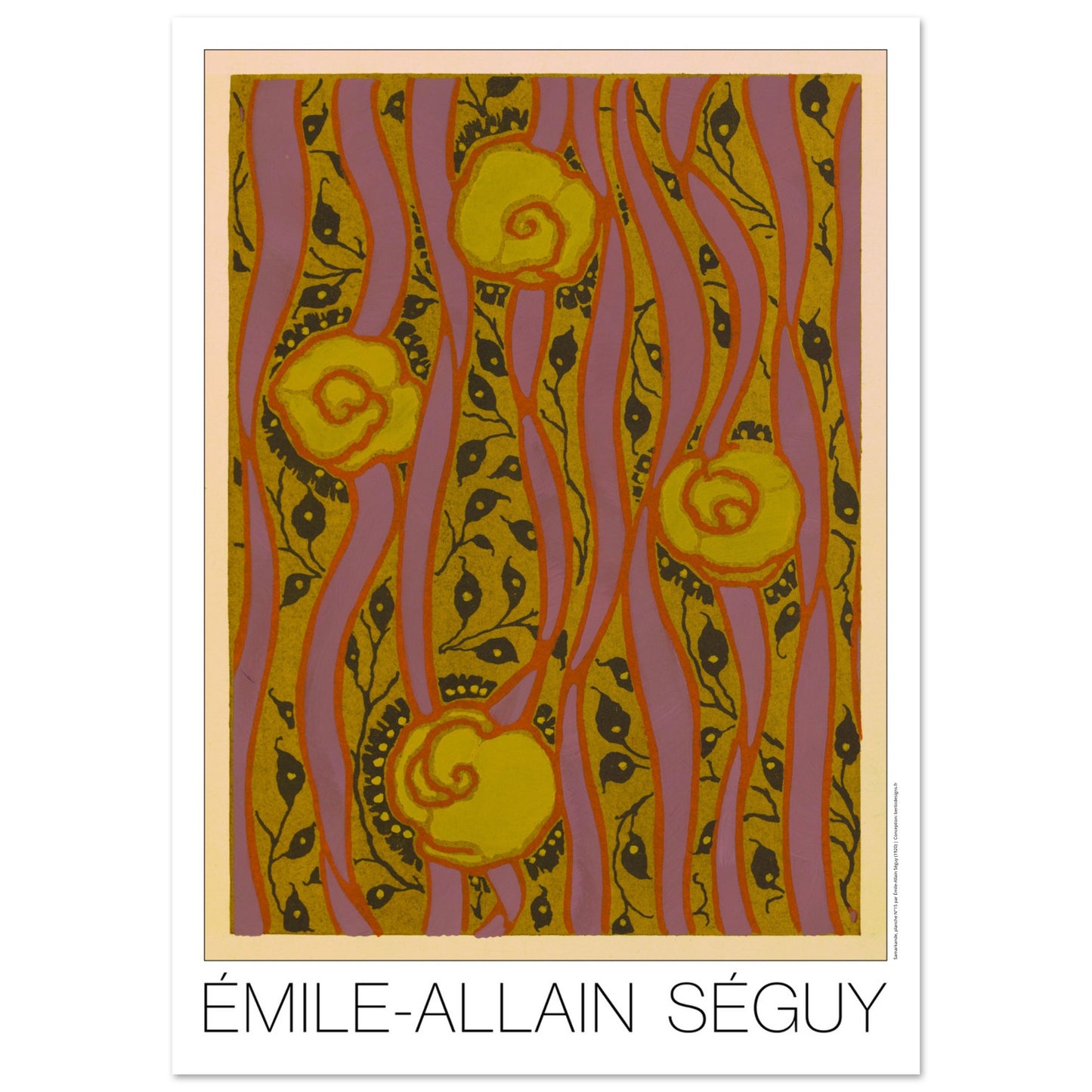 Planche Motifs jaunes sur fond rose - Samarkande, Émile-Allain Séguy (84,1x118,9 cm (A0)). Illustration Art Déco de motifs floraux jaunes et roses, composés de formes ondulantes et de lignes verticales, par Émile-Allain Séguy.