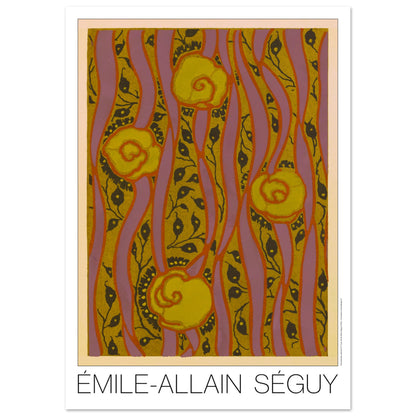 Planche Motifs jaunes sur fond rose - Samarkande, Émile-Allain Séguy (84,1x118,9 cm (A0)). Illustration Art Déco de motifs floraux jaunes et roses, composés de formes ondulantes et de lignes verticales, par Émile-Allain Séguy.