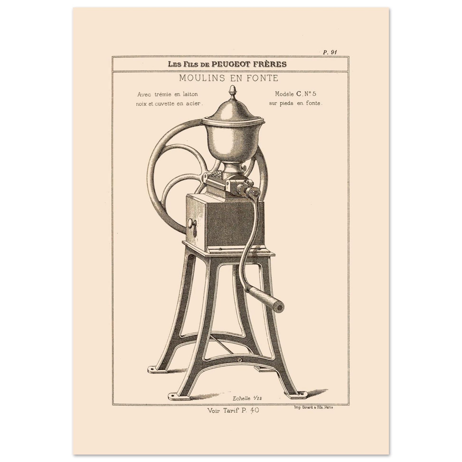 Moulin en fonte sur pieds - Planche technique Catalogue Peugeot Frères 1885 (21x29,7 cm (A4)). Gravure d'un moulin à café en fonte monté sur pieds, avec une manivelle et une grande roue, datant du 19ème siècle.