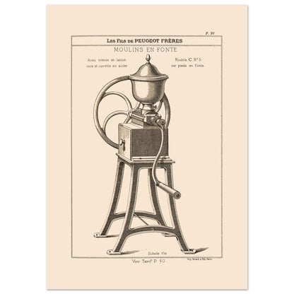 Moulin en fonte sur pieds - Planche technique Catalogue Peugeot Frères 1885 (21x29,7 cm (A4)). Gravure d'un moulin à café en fonte monté sur pieds, avec une manivelle et une grande roue, datant du 19ème siècle.