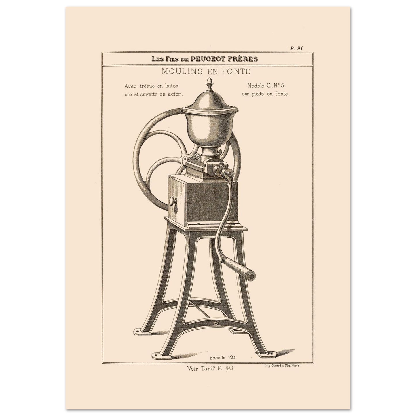 Moulin en fonte sur pieds - Planche technique Catalogue Peugeot Frères 1885 (29,7x42 cm (A3)). Gravure d'un moulin à café en fonte monté sur pieds, avec une manivelle et une grande roue, datant du 19ème siècle.