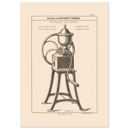 Moulin en fonte sur pieds - Planche technique Catalogue Peugeot Frères 1885 (29,7x42 cm (A3)). Gravure d'un moulin à café en fonte monté sur pieds, avec une manivelle et une grande roue, datant du 19ème siècle.